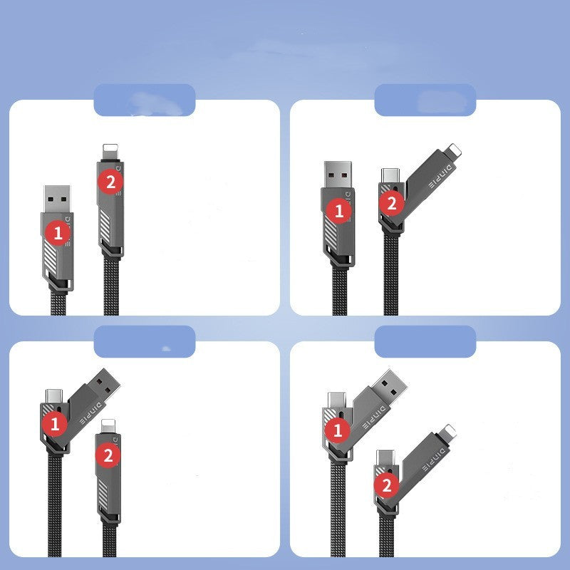 4-in-1 Fast Charging & Data Cable | Dual-Head Type-C Multi-Function Charger Cord